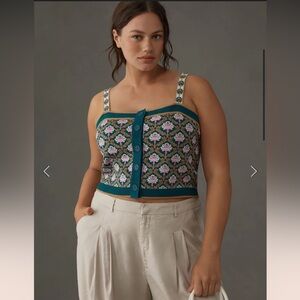 Maeve Teal and Pink Floral Crop Sweater Top